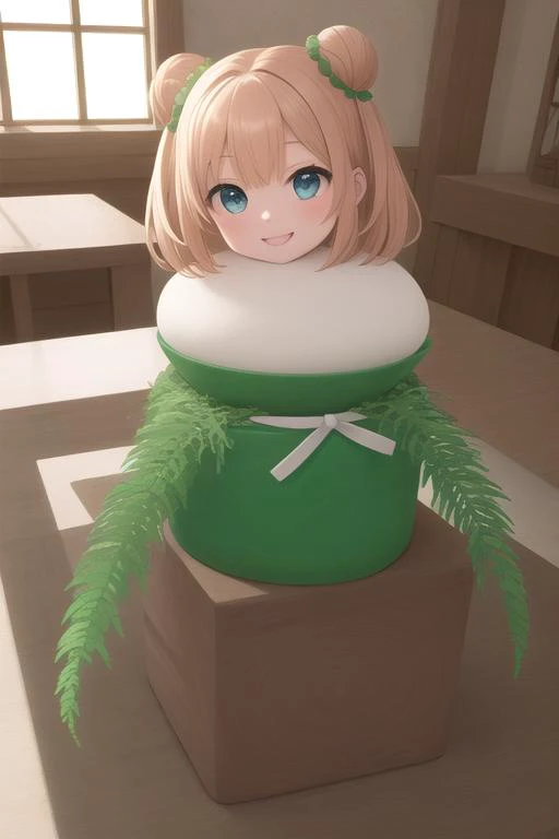 masterpiece,ultra detail,best quality,1girl,smile,chibi,open mouth,orange single hair bun,kagamimochi,<lora:kagamimochi-001_0.7:0.8> ,head on rice cake, on square wooden base, a pair fern, paper between rice cake to wooden base,citrus hair ornaments ,japan...