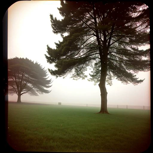 foggy sea, some trees and gras,  polaroid