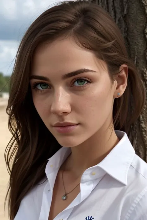 a close up of a woman in a white shirt standing near a tree