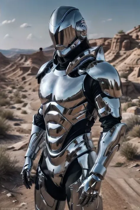 a close up of a person in a silver suit standing on a dirt road