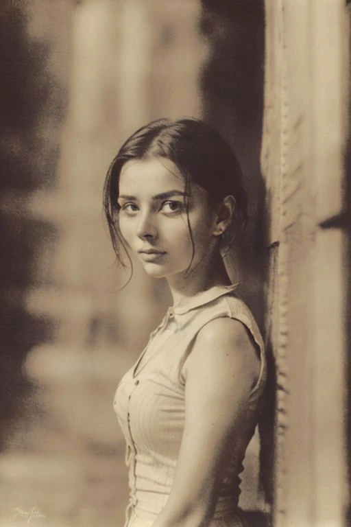 a close up of a woman leaning against a wall with a hand on her hip