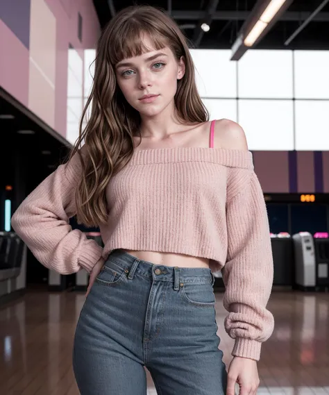 1980s (style) photo of  20 year old  jp-Mishav2-3050 ,Side swept bangs, pink blush, Off-the-shoulder sweatshirt, acid-wash jeans, Neon-lit bowling alley, Minolta X-700, 50mm f/1.7, 1/60s, ISO 800