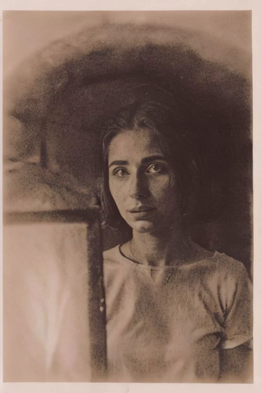 a black and white photo of a woman with a hat on