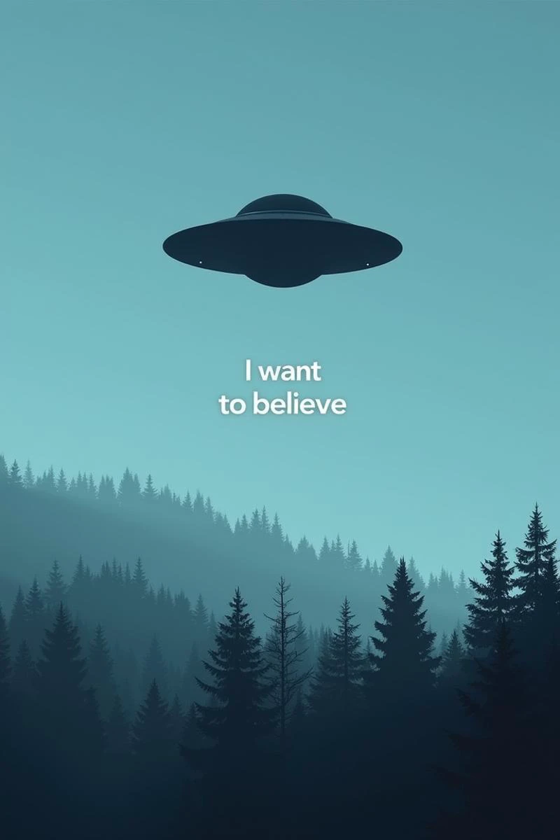 he image shows a UFO flying over a forest. The UFO is black in color and appears to be hovering above the trees. The sky is clear and blue. In the foreground, there is a text that reads "I want to believe". The overall mood of the image is surreal and drea...