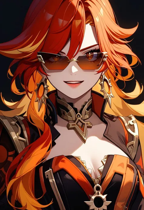 score_9,score_8_up,core_7_up,   <lora:mavuika_genshin_impact_pdxl_goofy:1>mavuika-gi, 1girl, jewelry, solo, cleavage, earrings, looking at viewer, gloves, long hair, tinted eyewear , open mouth, smile, black gloves, bangs, sunglasses, multicolored hair, te...