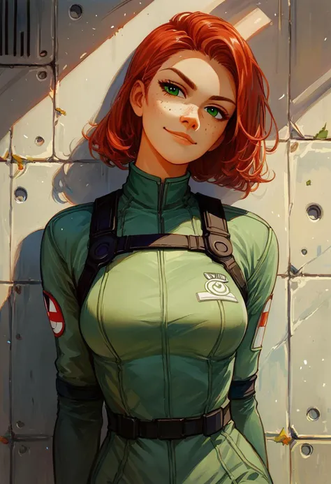 1girl, (solo female), red hair, green eyes, freckles, Air Force pilot jumpsuit, air force pilot gear, smug, (Expressiveh), looking at viewer, airfield background, tarmac, leaning against wall, smirk, head tilt, beautiful, (masterpiece), (easynegative), sco...