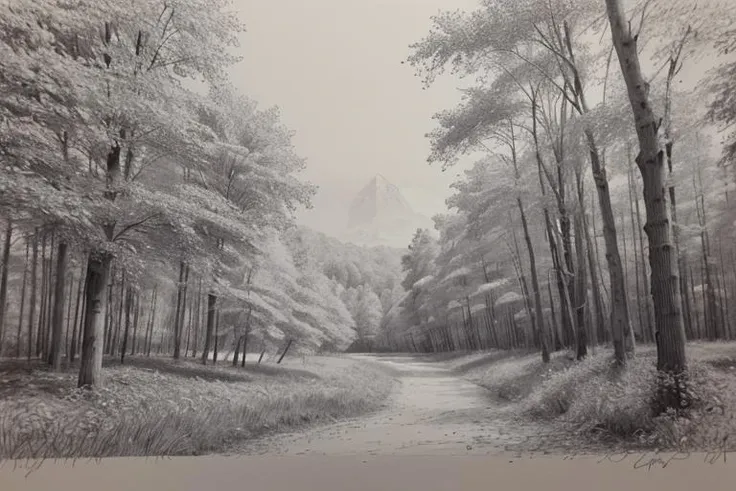 arafed black and white photograph of a forest with a path