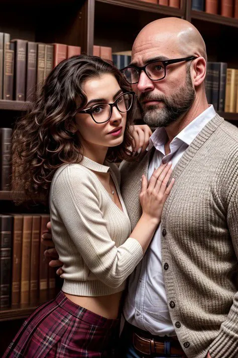 (Style-Grabby:1.2), man and a woman in a library, 2 people hugging each other, 18 year old woman, (petite:1.1), slim body, dark brown curly hair, pale skin, round glasses, full lips, (flat chest:1.2), wearing tight light grey sweater, plaid skirt, BREAK, f...