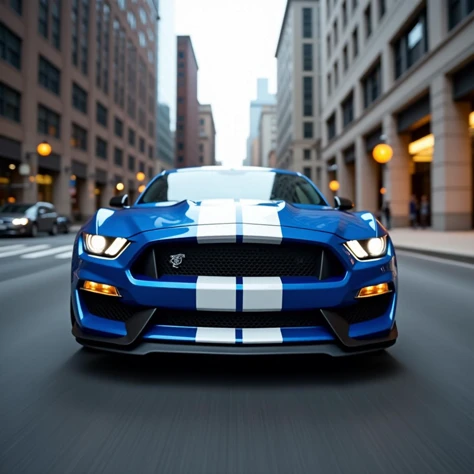 a (mobile camera perspective:1.4) of someone taking a perfectly frontal photo to a blue ford mustang with white stripes on the hood