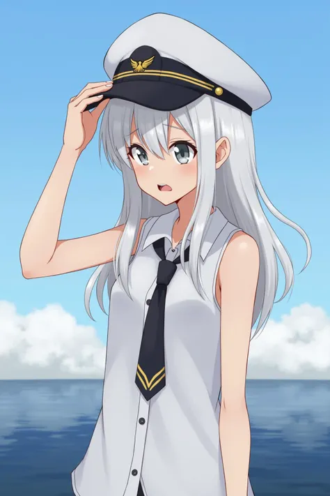 Azur Lane Slow Ahead Style 2.0, is a half-body portrait of a young woman in a style anime, she looks to the side, has long white hair, and faded grey pupils, looks anxious and sad, and wears a sleeveless white button t-shirt with a black necktie which has ...