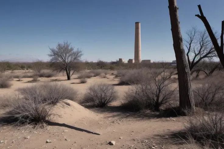 The tree, In the rays of the sun, a withered trees, desert soil, No grass, No leaves, no bushes, bare branches, There is garbage lying around, the skull of an animal, Smoky factory chimneys in the background