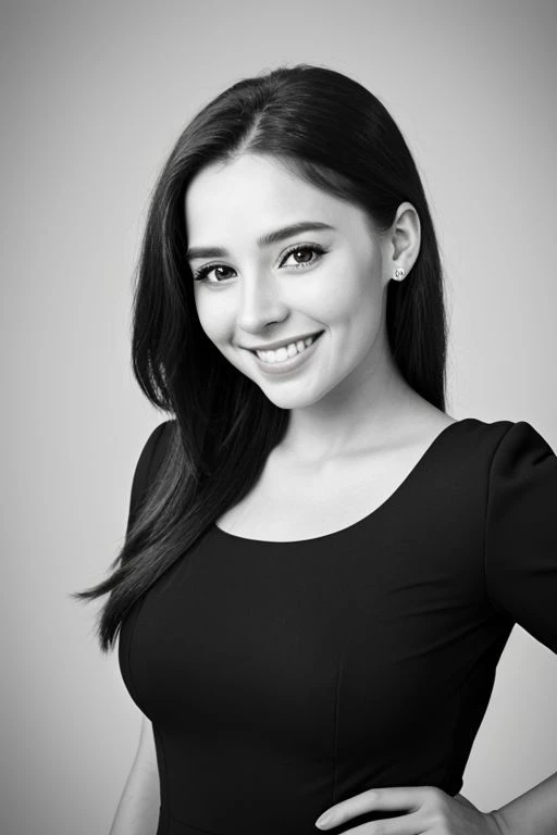 a black and white photo of a woman in a black dress