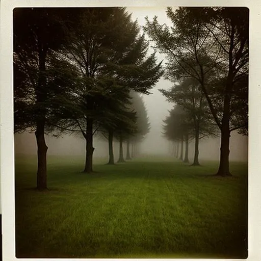 foggy sea, some trees and gras,  polaroid