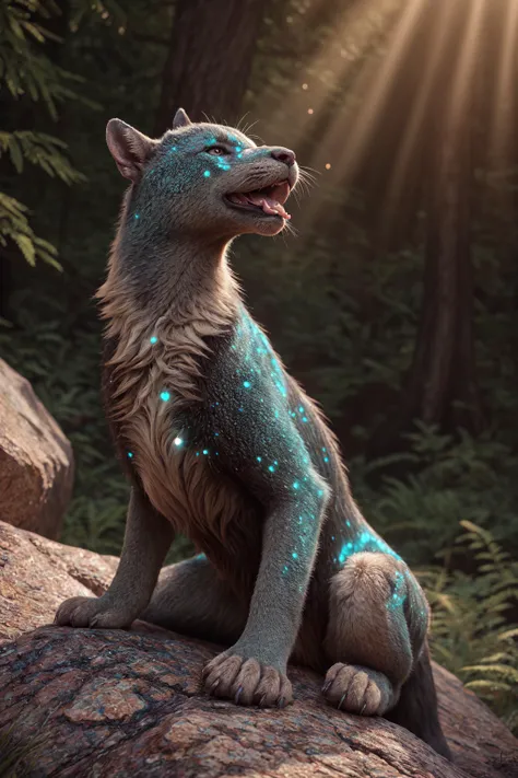 a beautiful [lizard:human:0.3] Hybrid beast cub lies on a large rock in a forest, sunlight breaking through, [[yawning]], rim lighting, otherworldly, bioluminescent, dark, misty, surreal, highly detailed [fur|scale] textures, intricate details, photorealis...