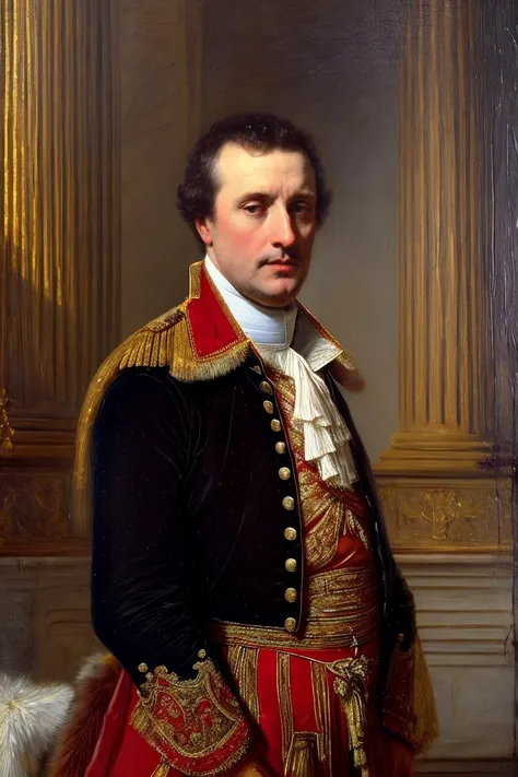 a close up of a painting of a man in a red coat