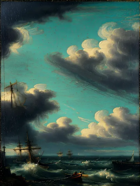 painting of a boat in a body of water with a sky background