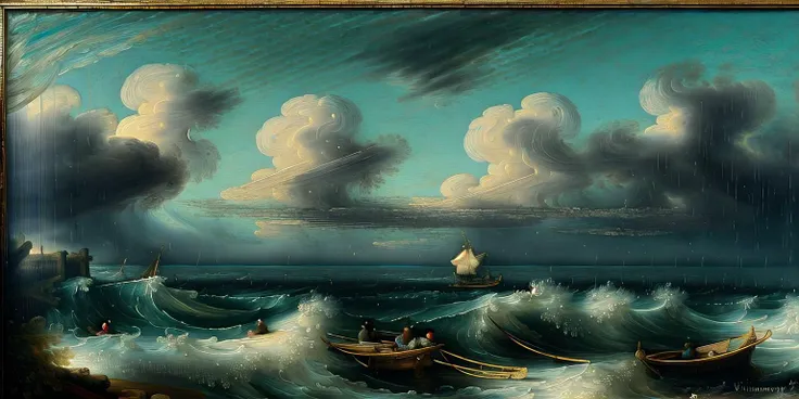 painting of a painting of a boat in a stormy sea