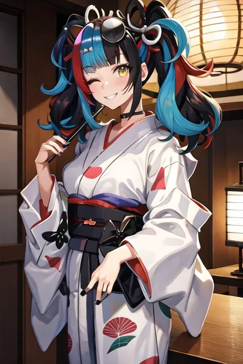 best quality, masterpiece, highres, solo, {yukata:1.40}, {kimono:1.20}, {sei_shonagon_fgo:1.15}, yellow_eyes, black_hair, multicolored_hair, twintails, red_hair, blue_hair, smile, bangs, hair_ornament, sunglasses, blush, black_nails, long_hair, breasts, on...