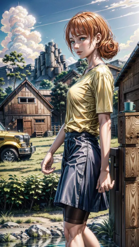 <lora:penny:0.8> penny, orange hair, green eyes, short hair, BREAK,  <lora:add_detail:0.6> BREAK,
(yellow shirt, skirt), BREAK, 
On a Farm, countryside, BREAK,, masterpiece, best quality, hyperrealistic, extremely detailed, highly quality, 4k, sharp focus,...