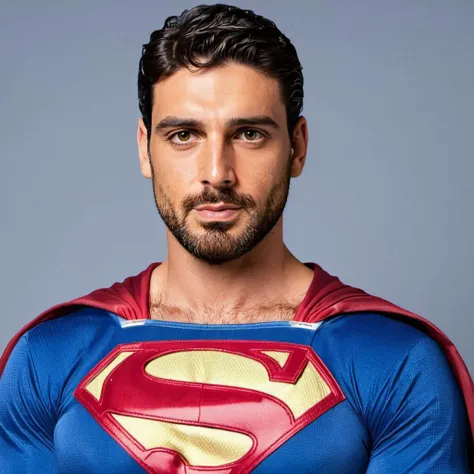 photo of m1chele a man, beard, wearing a superman outfit, looking at viewer, <lora:Michele_Morrone_SDXL-2:.9>