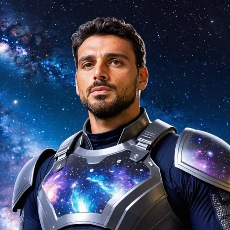 close-up photo of m1chele a man, from below view, wearing a galaxy armor outfit, beard, at a galaxy,  <lora:Michele_Morrone_SDXL-2:.9>