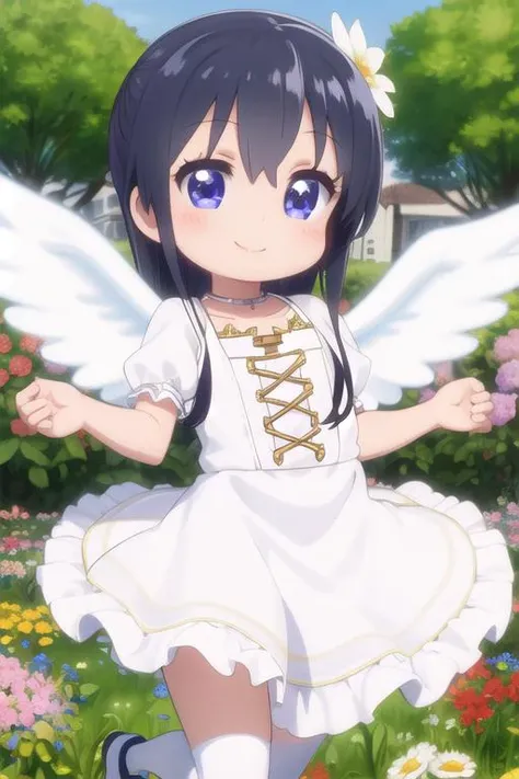 masterpiece,ultra detail,best quality,1girl,petite,chibi, watahana,outdoor,flower garden,smile <lora:Wataten_Hana-v20:0.7>angel costume,open hands,jumping