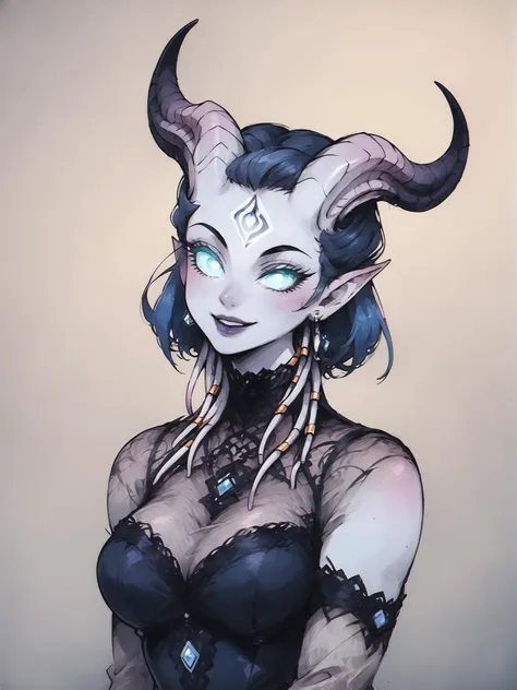 a drawing of a woman with horns and a black dress