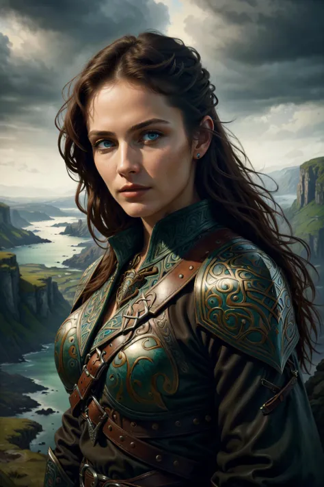 a woman in armor standing on a cliff overlooking a body of water