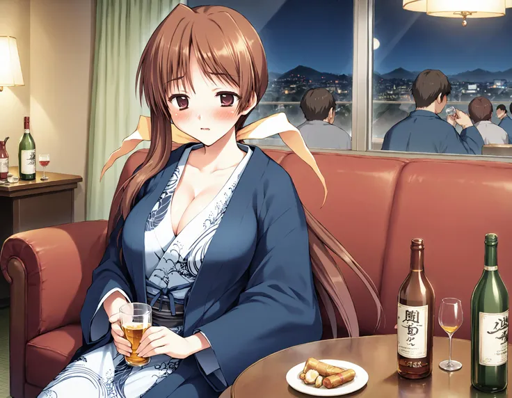 anime - style image of a woman sitting on a couch with a glass of beer