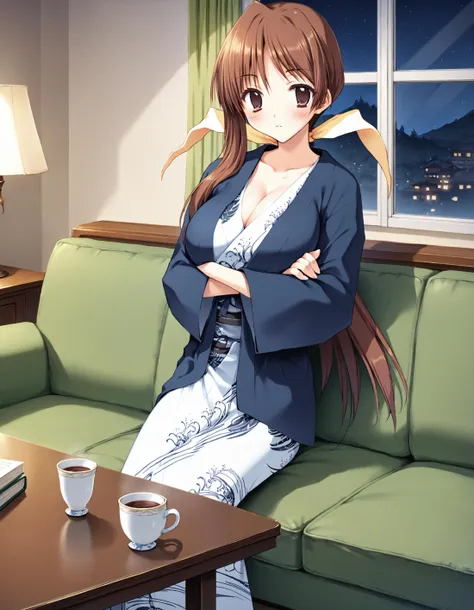 anime girl sitting on a couch with her arms crossed