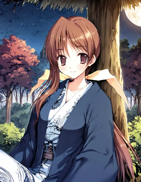 anime girl sitting under a tree in a forest with a full moon