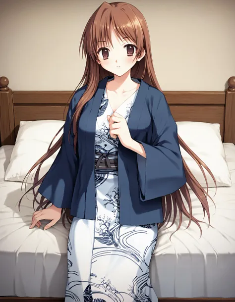 anime girl in blue kimono sitting on a bed with her hands on her chest