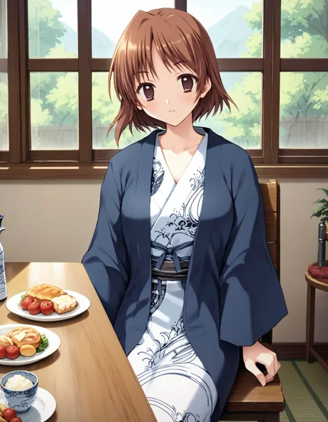 anime girl sitting at a table with a plate of food