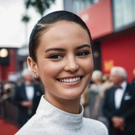 Super high res red carpet event portrait photo skin texture of a woman smiling,f /2.8, Canon, 85mm,cinematic, high quality, skin texture, looking at the camera,    <lora:ceaton_xl_1_standard-merger_73_83_07_03:1>