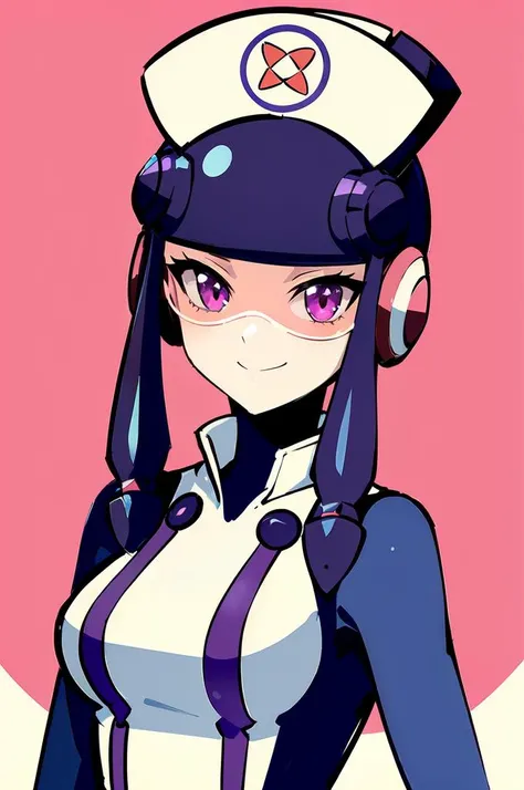 ultra detailed, masterpiece, best quality,
solo,
cowboy shot,
facing viewer,
soft smile, light smile,
 <lora:HerrscherAGGA2023_Meddy_V1:0.8> Meddy.Exe, Netnavi_MM, purple hair, nurse cap, visor, pink-tinted eyewear, red eyes, sidelock, bodysuit, white glov...