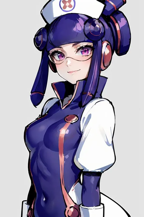 ultra detailed, masterpiece, best quality,
solo,
cowboy shot,
facing viewer,
soft smile, light smile,
 <lora:HerrscherAGGA2023_Meddy_V2:0.8> Meddy.Exe, Netnavi_MM, purple hair, nurse cap, visor, pink-tinted eyewear, red eyes, sidelock, purple long sleeves ...