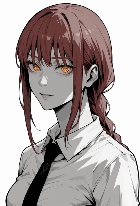 anime girl with red hair and a tie with orange eyes