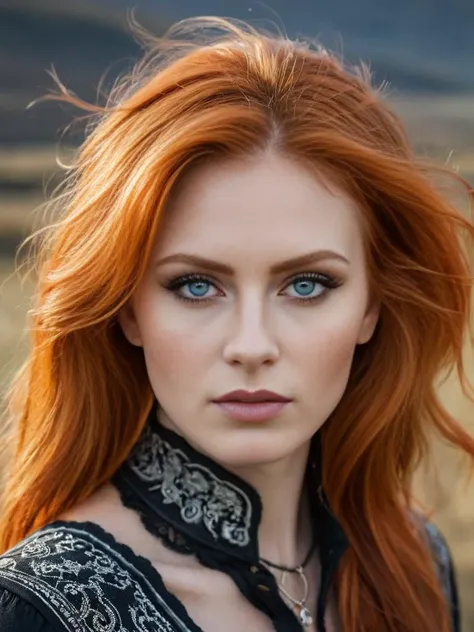 a close up of a woman with red hair and blue eyes