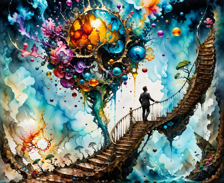 harmony imagination of the struggle to make a perfect life for a connected peaceful humankind inside of a crazy mind ,alcohol ink paint by Marc Simonetti, Alberto Seveso, Jeremy Geddes, Gediminas Pranckeviciu, Igor Ozhinga, Thomas Kinkade, Jean Baptiste Mo...