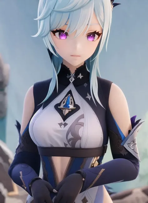 <lora:vicitest-000035:1>, 1girl, solo, weapon, eula (genshin impact), blue hair, gloves, purple eyes, holding, looking at viewer, long sleeves, bangs, breasts, upper body, black gloves, blurry, medium hair