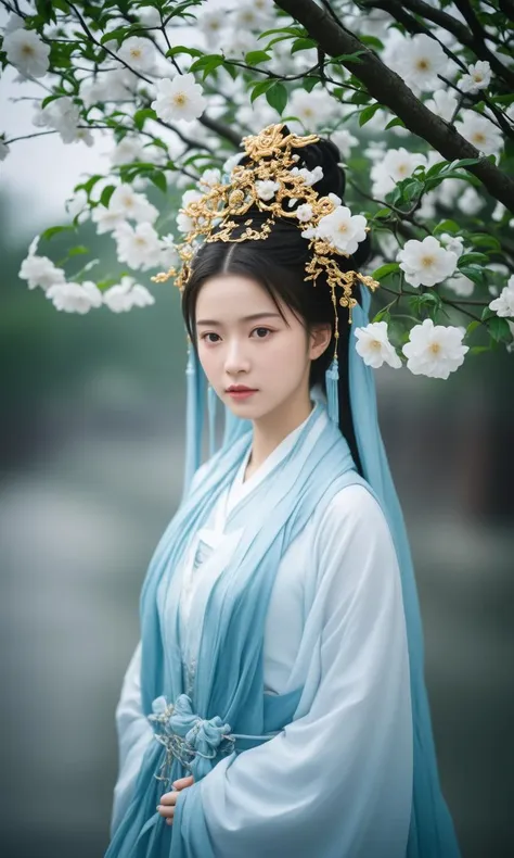 a photo of a woman dressed in traditional chinese hanfu, a portrait of a young woman wearing a traditional chinese hanfu outfit,...