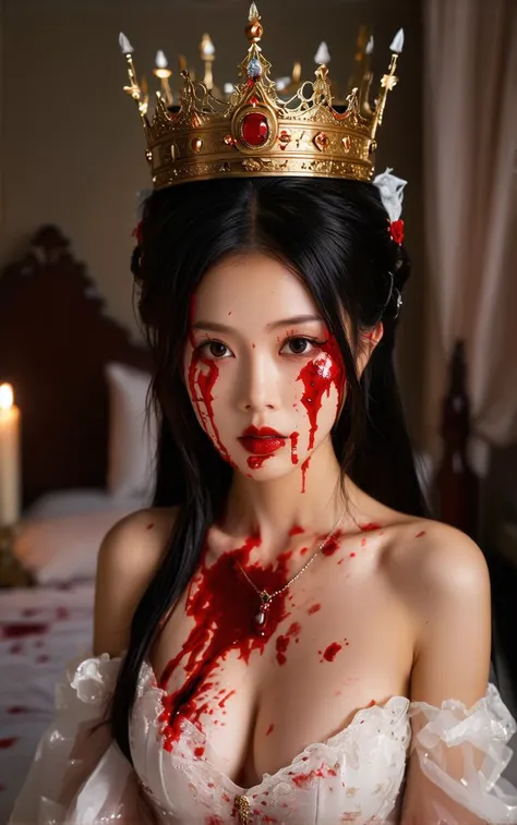 cosplay,halloween queen. close-up portrait. dim bedroom setting. ultra-wide angle low-angle shot. face covered with prop blood. ...