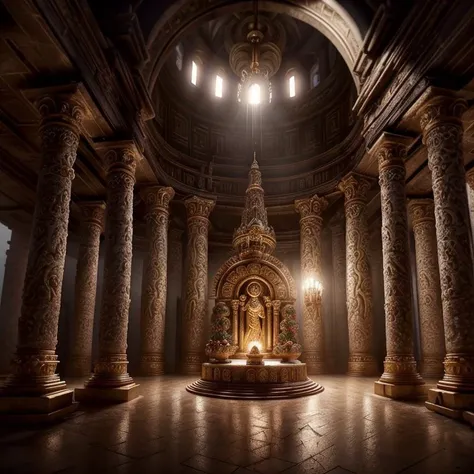 (masterpiece:1.2), (best quality,:1.2), 8k, HDR, ultra detailed, ((photorealistic)), professional light, cinematic lighting, fashion photography, ambient lighting, atmospheric effects, <lora:detail_slider_v4:3>, a round altar in the middle of a small templ...