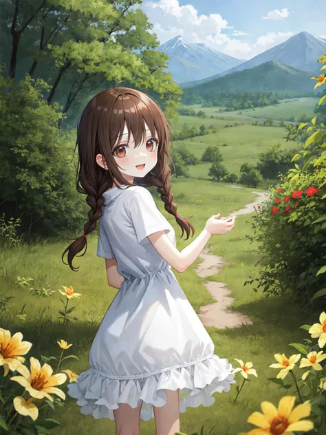 best quality, amazing intricate, cute girl, (round eyes:1.3), dark brown eyes, happy, small breast, 
dark brown hair, twin braids, 
from front, cowboy shot, (censorship:1.2), 
white dress, 
in the forest, grass, flower, mountain in the distance, sky