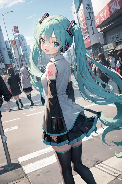 hatsune miku, best quality, amazing intricate, cute girl, 
from side|from behind, zettai ryouiki, arm cover, :d, 
akihabara (tokyo), clear sky