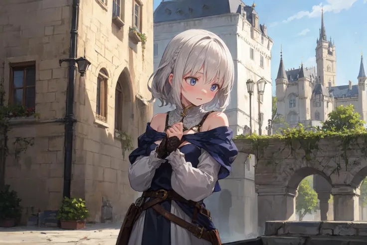 1 girl, (Medieval European Fantasy:1.2), best quality, amazing intricate, (looking away:1.2), (Various hairstyles:1.3), embarrassed face, 
(thief:1.4), 
, medium breasts, 
medium hair,  gray hair, 
(Inside the castle:1.1), 
standing, from front, , daytime,...