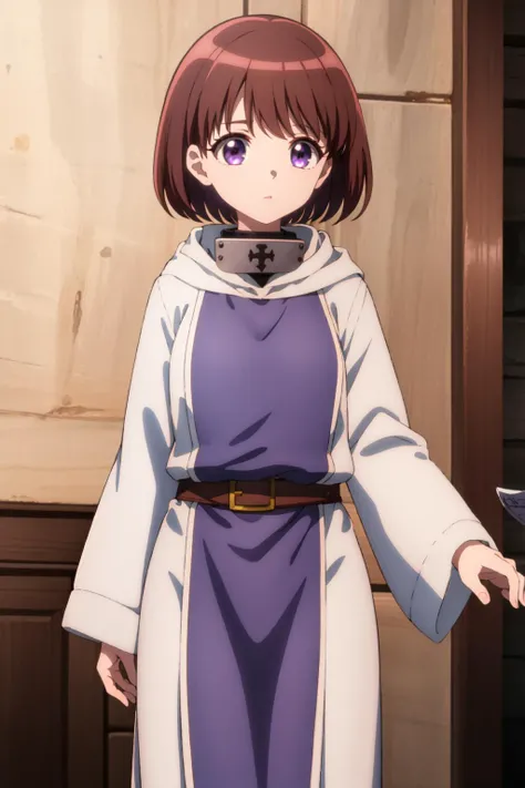 (best quality:1.4), amazing intricate <lora:handyman ninia s1-lora-nochekaiser:1> ninia, short hair, brown hair, (purple eyes:1.1), bangs,robe, long sleeves, dress, hood, hood down, tabard, white robe, solo