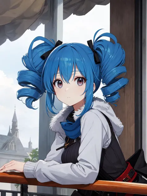 best quality, amazing intricate, cute girl, round eyes, medium breast, 
Expressionless, blue hair, straddling, on a balcony, 
(looking away:1.2), 
long hair, dreadlocks, 
, 
(one side up:1.1), 
, 
(drill hair:1.2), 
, 
, 
(fantasy folk costume:1.6), 
from ...