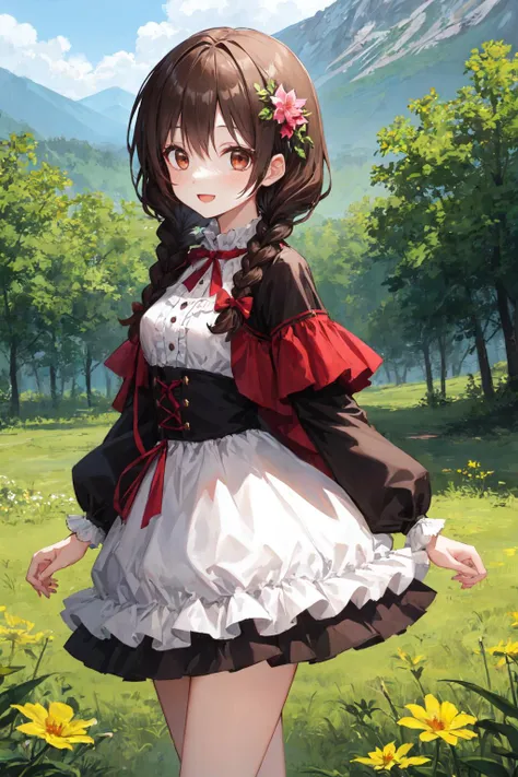 1 girl, best quality, amazing intricate, dark brown hair, twin braids, dark brown eyes, (round eyes:1.3), :d, medium breasts, 
from front, cowboy shot, standing, 
National Costume, 
in the forest, grass, flower, mountain in the distance, sky