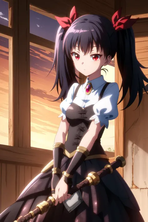 (best quality:1.4), amazing intricate <lora:handyman liliza s1-lora-nochekaiser:1> liliza, long hair, black hair, (red eyes:1.3), ribbon, twintails, hair ribbon,short sleeves, puffy sleeves, jewelry, black scale skirt, black gauntlets, solo